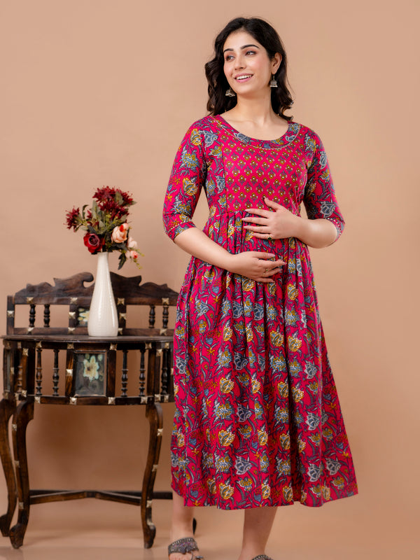 Women's Cotton Fuchsia Floral Maternity Feeding Dress with Zipper