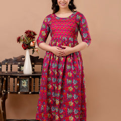 Women's Cotton Fuchsia Floral Maternity Feeding Dress with Zipper