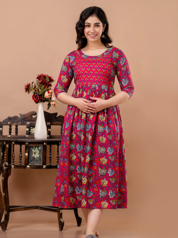 Women's Cotton Fuchsia Floral Maternity Feeding Dress with Zipper
