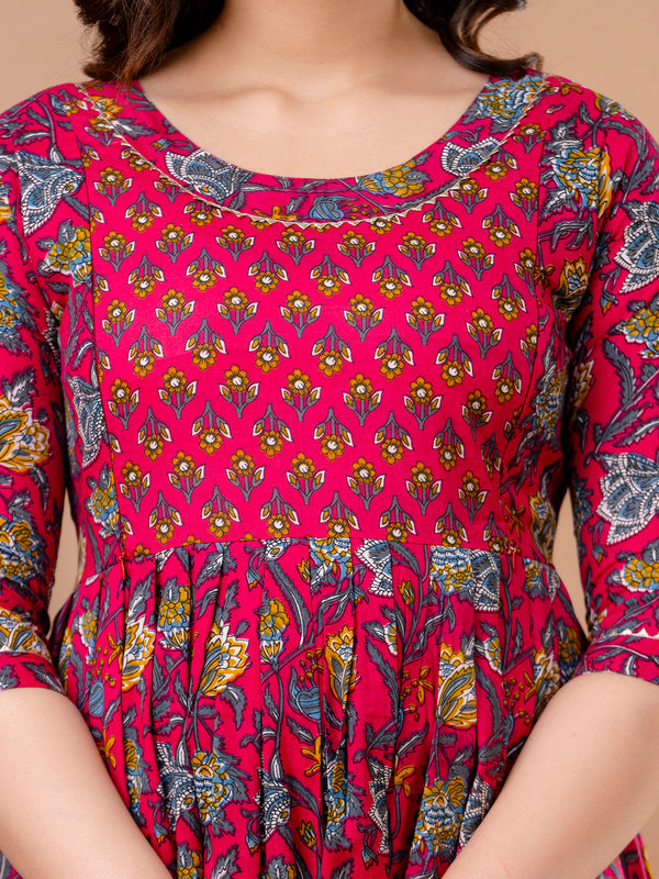 Women's Cotton Fuchsia Floral Maternity Feeding Dress with Zipper