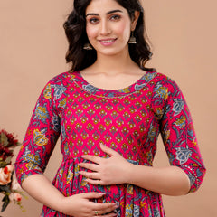 Women's Cotton Fuchsia Floral Maternity Feeding Dress with Zipper
