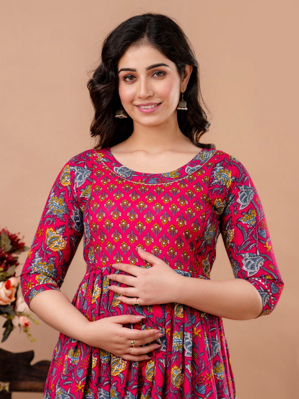 Women's Cotton Fuchsia Floral Maternity Feeding Dress with Zipper