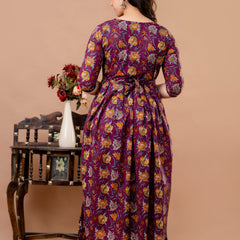 Women's Cotton Wine Floral Maternity Feeding Dress with Zipper
