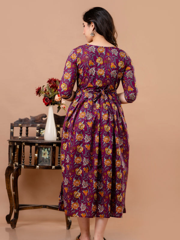 Women's Cotton Wine Floral Maternity Feeding Dress with Zipper