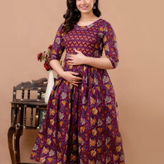 Women's Cotton Wine Floral Maternity Feeding Dress with Zipper