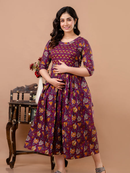 Women's Cotton Wine Floral Maternity Feeding Dress with Zipper