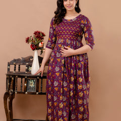 Women's Cotton Wine Floral Maternity Feeding Dress with Zipper
