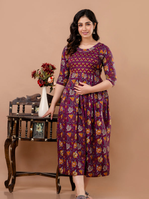 Women's Cotton Wine Floral Maternity Feeding Dress with Zipper