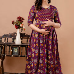 Women's Cotton Wine Floral Maternity Feeding Dress with Zipper