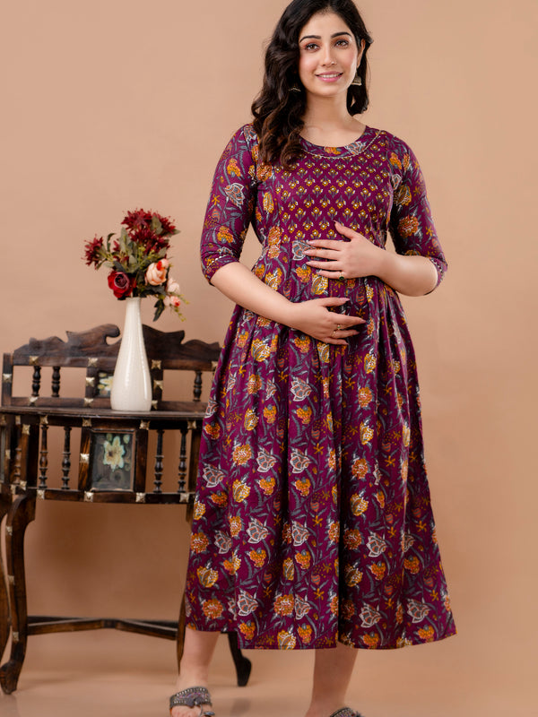 Women's Cotton Wine Floral Maternity Feeding Dress with Zipper