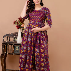 Women's Cotton Wine Floral Maternity Feeding Dress with Zipper