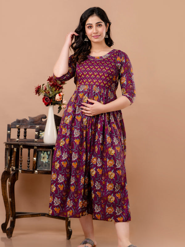 Women's Cotton Wine Floral Maternity Feeding Dress with Zipper