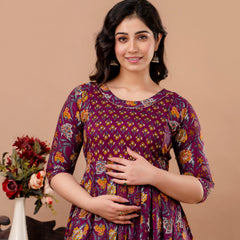 Women's Cotton Wine Floral Maternity Feeding Dress with Zipper