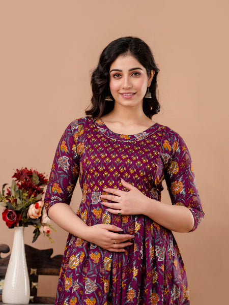 Women's Cotton Wine Floral Maternity Feeding Dress with Zipper