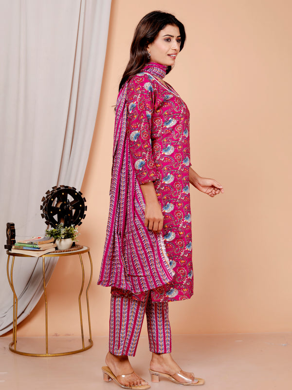 Classic Cotton Fuchsia pink  Floral Printed Kurta Set