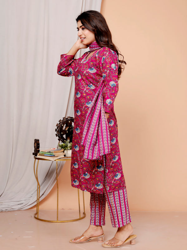 Classic Cotton Fuchsia pink  Floral Printed Kurta Set