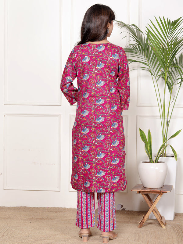 Classic Cotton Fuchsia pink  Floral Printed Kurta Set