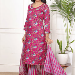 Classic Cotton Fuchsia pink  Floral Printed Kurta Set