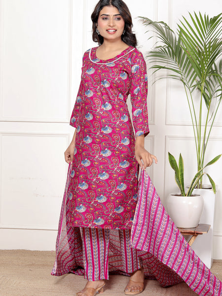 Classic Cotton Fuchsia pink  Floral Printed Kurta Set