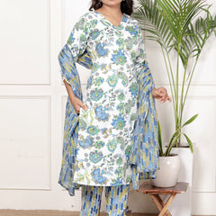 Classic Cotton Teal Green Floral Printed Kurta Set