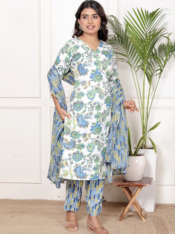 Classic Cotton Teal Green Floral Printed Kurta Set