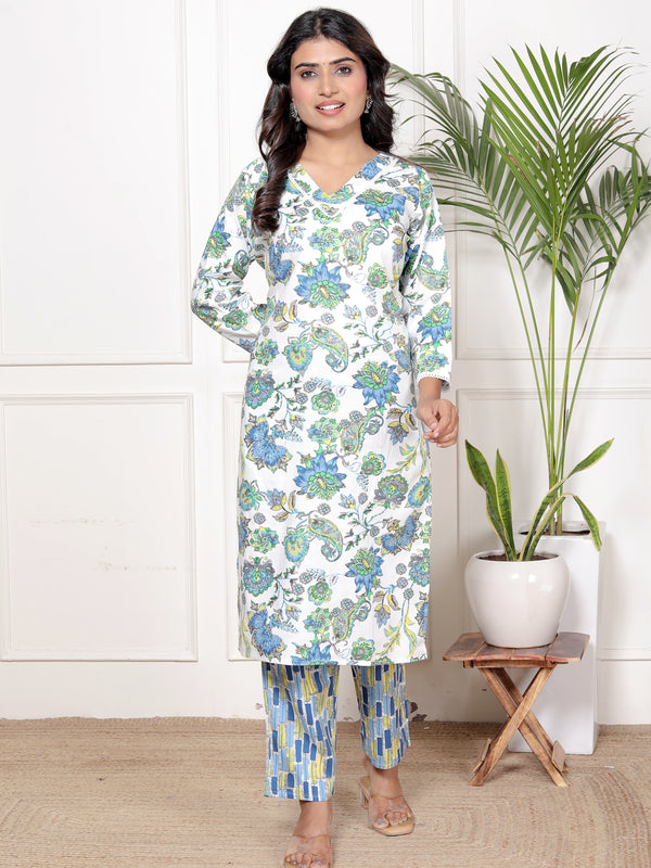 Classic Cotton Teal Green Floral Printed Kurta Set