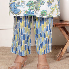 White & Blue Classic Cotton Floral Printed Kurta Set