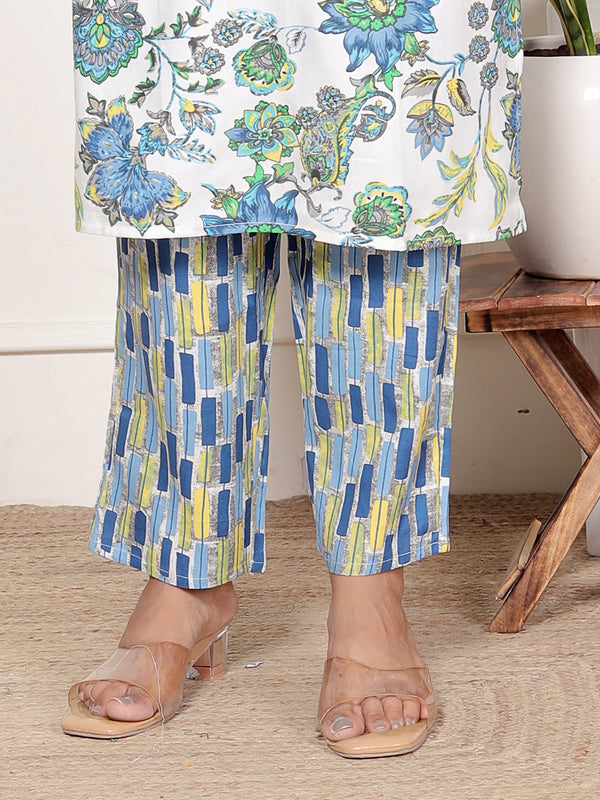 White & Blue Classic Cotton Floral Printed Kurta Set