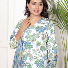 Classic Cotton Teal Green Floral Printed Kurta Set