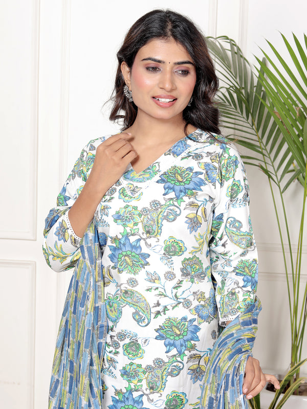 Classic Cotton Teal Green Floral Printed Kurta Set