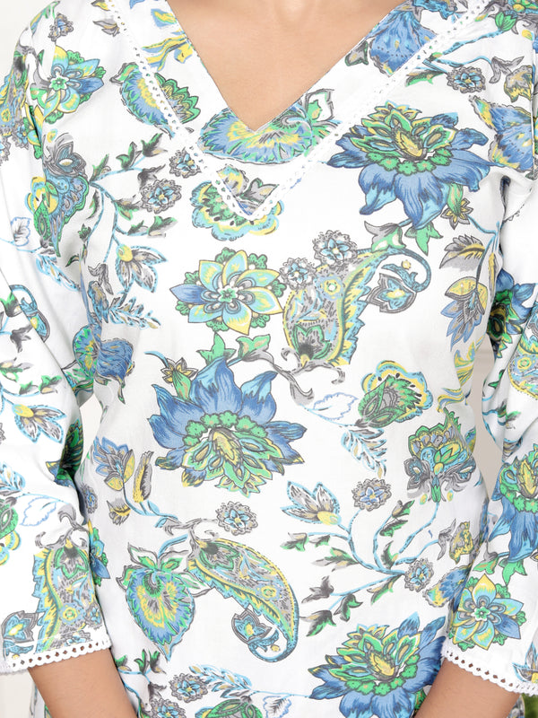 Classic Cotton Teal Green Floral Printed Kurta Set