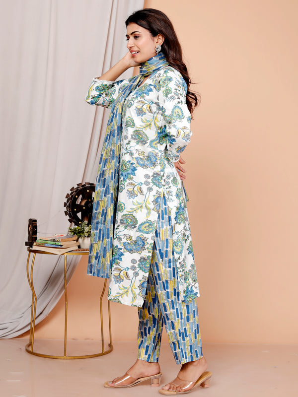 Classic Cotton Teal Green Floral Printed Kurta Set