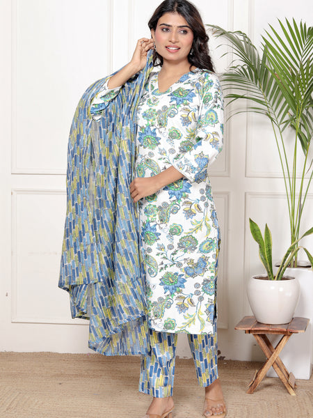 White & Blue Classic Cotton Floral Printed Kurta Set