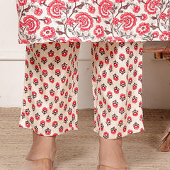 Classic Cotton White Red Floral Printed Kurta Set
