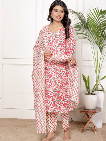 Classic Cotton White Red Floral Printed Kurta Set