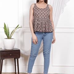 Women's Coffee Floral Printed Cotton Only Top