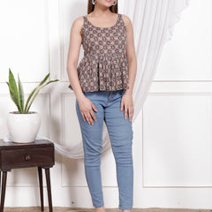 Women's Coffee Floral Printed Cotton Only Top