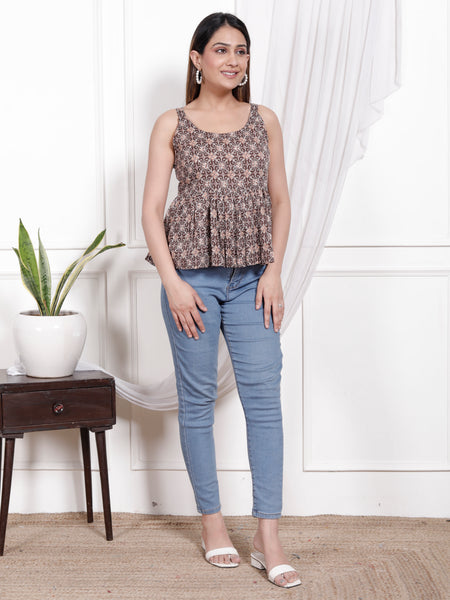 Women's Coffee Floral Printed Cotton Only Top
