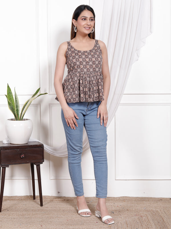 Women's Coffee Floral Printed Cotton Only Top