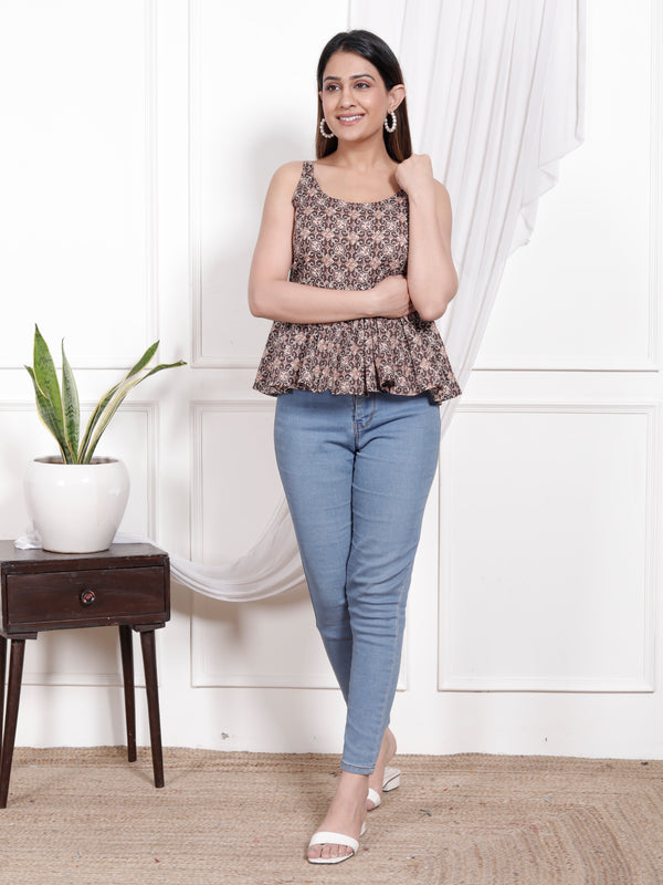 Women's Coffee Floral Printed Cotton Only Top