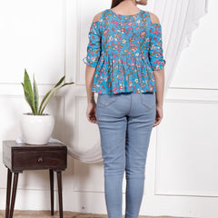 Women's Sky Blue Floral Printed Cotton Only Top