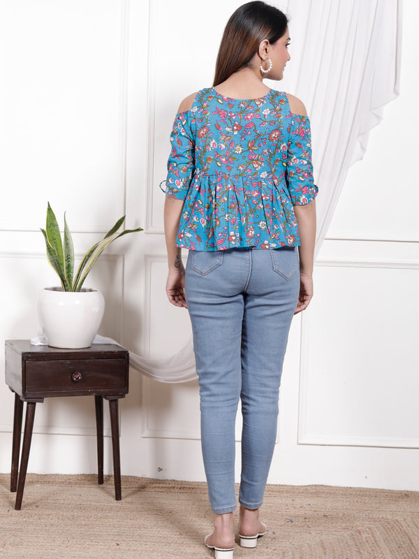 Women's Sky Blue Floral Printed Cotton Only Top