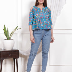 Women's Sky Blue Floral Printed Cotton Only Top