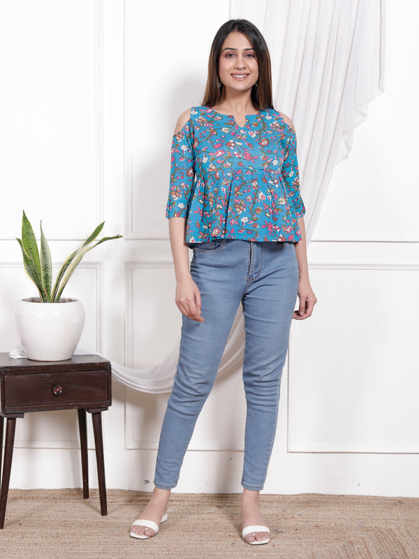 Women's Sky Blue Floral Printed Cotton Only Top