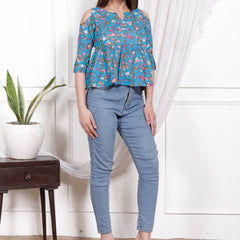 Women's Sky Blue Floral Printed Cotton Only Top