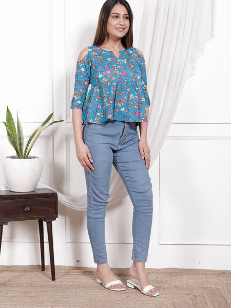 Women's Sky Blue Floral Print Cotton 3/4 Sleeve Top with Keyhole Neck