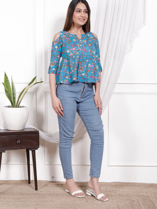Women's Sky Blue Floral Printed Cotton Only Top