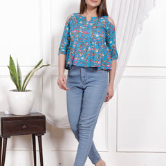 Women's Sky Blue Floral Printed Cotton Only Top