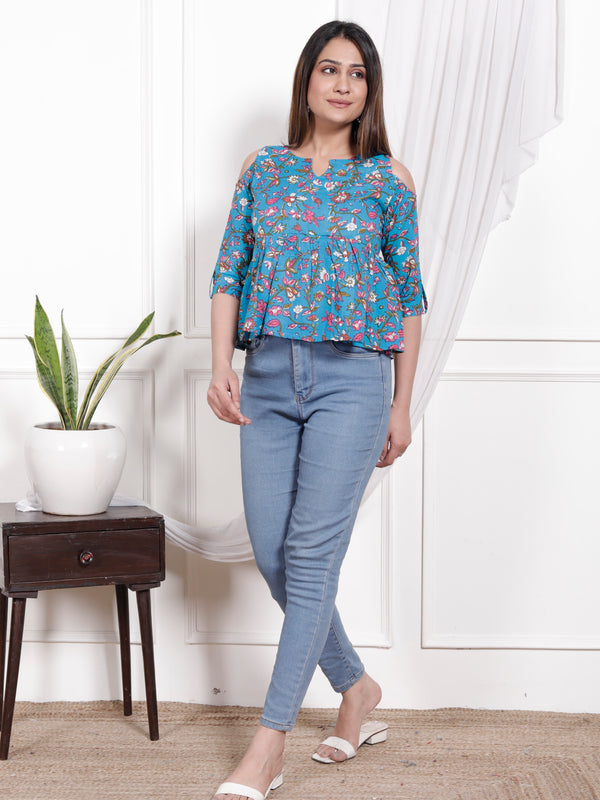 Women's Sky Blue Floral Printed Cotton Only Top