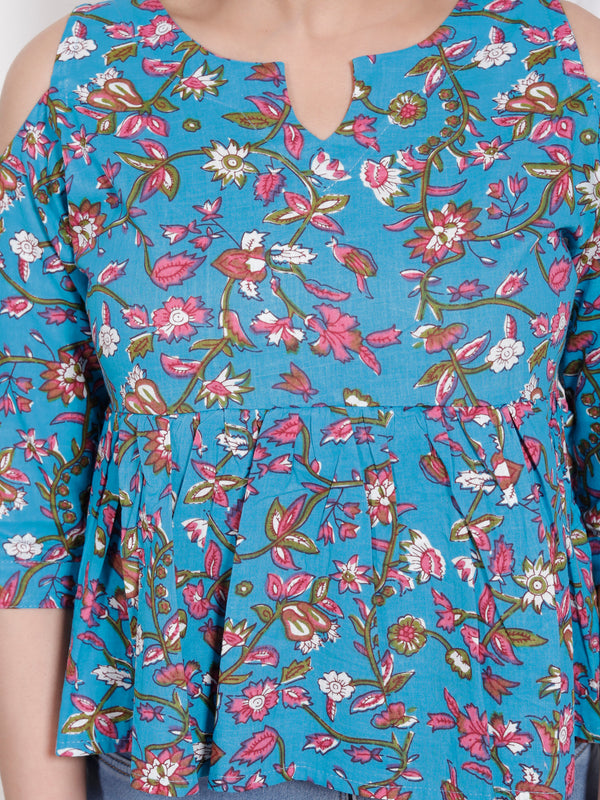 Women's Sky Blue Floral Printed Cotton Only Top